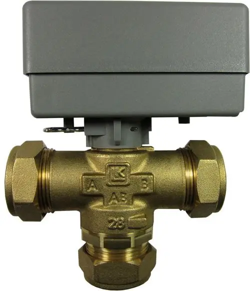 3-Wege-Ventil von Bosch mit einer metallischen Konstruktion und elektrischer Steuerung, geeignet für Heizungs- oder Wassersysteme.